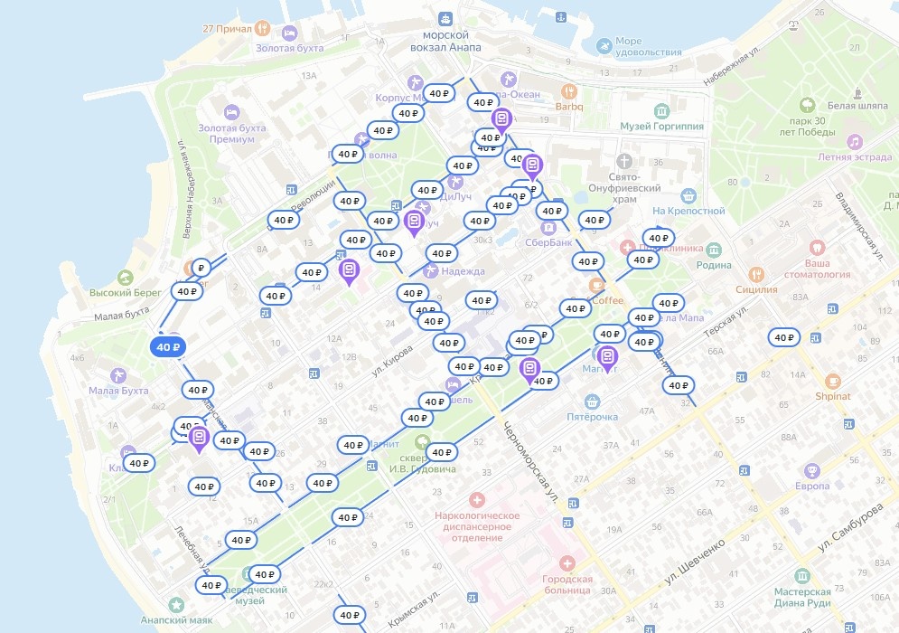 Карта платных парковок Анапы: центральная часть города (06.2025)