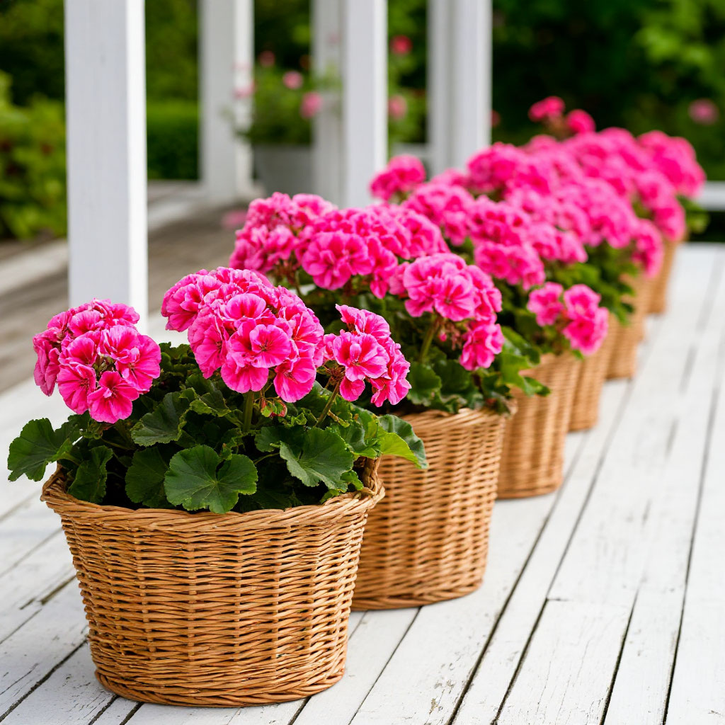 Пеларгонии в горшках.