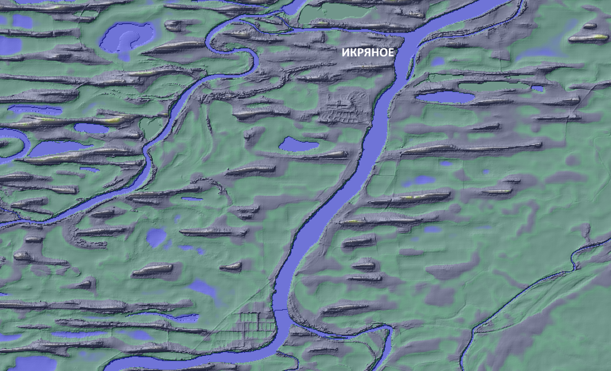 Участок с рельефом Бэровских бугров в районе села Икряное Астраханской области (дельта Волги). Сверху вниз в юго-западном направлении протекает река Бахтемир.