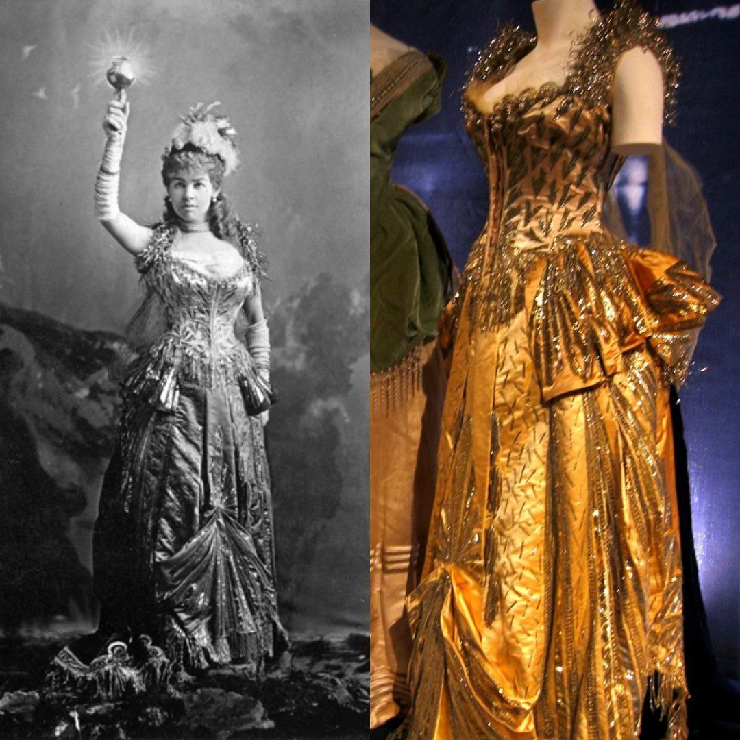 Справа: миссис Элис Гвинн Вандербильт в образе электрической лампы на балу. 26 марта 1883 года. Слева: этот же наряд в наши дни, сейчас он хранится в коллекции Музея города Нью-Йорка, США