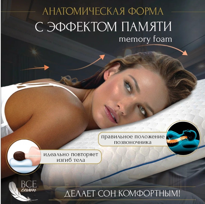 Подушка ортопедическая для сна с эффектом памяти КЛАССИКА М, без внутреннего чехла, 60 см х 40 см х 11 см