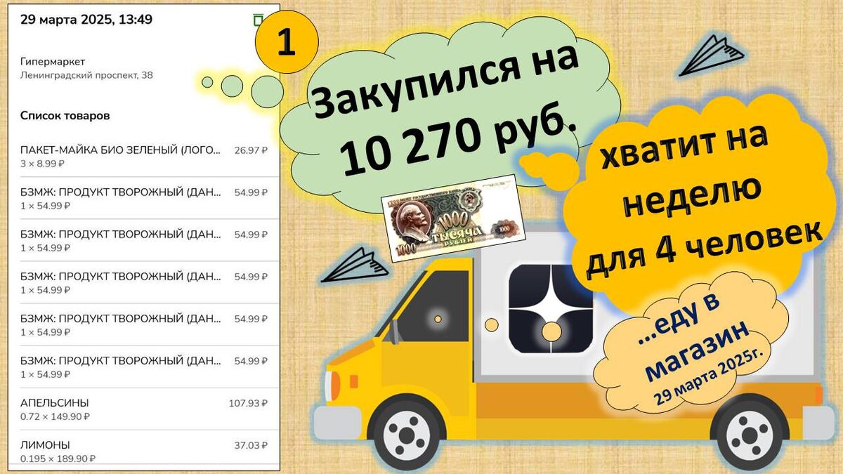 Закупаюсь для 4 человек на 7 дней! Уложился всего в 10 270 рублей, вместе с рестораном и кафе! 29 марта 2025г.