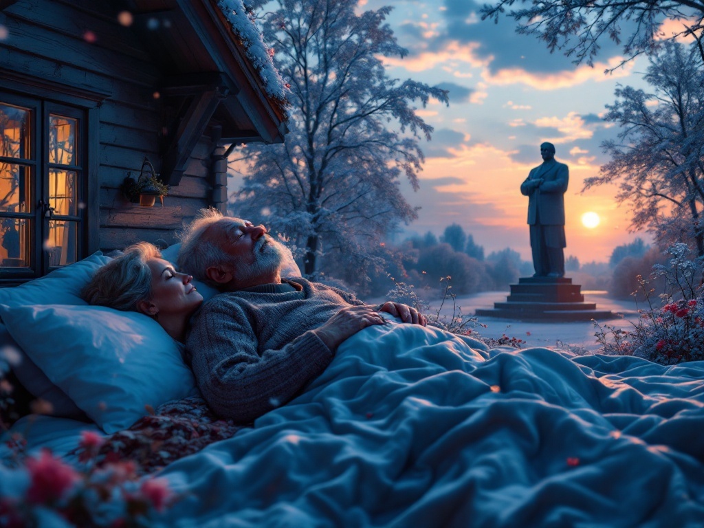    К чему такое снится: Изобразил бы пожилую пару стоящую у своего коттеджа. Мужчина показывает план дома, где видны углы с толстыми трубами. Вдалеке видна статуя Ленина, притягивающая их и