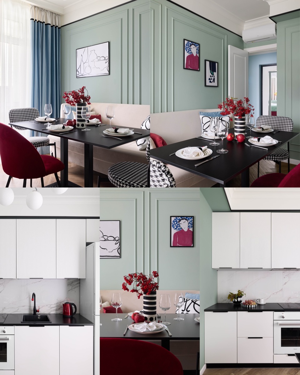 | Диванчик заказали в @liveline_fm
  Модель Ника
| Стулья @stoolgroup.ru артикул на Озон 946724044
| Подстолье Озон артикул 1127134748
| Кухня Монца от @dsv_mebel
  Верхние фрезерованные фасады Монца белый софт. Нижние гладкие фасады - Ройс белый 
  софт.
| Портьеры шили в Леруа Мерлен голубая ткань Velvet цвет Agata 3
| Плитка для фартука коллекция @laparet.design Calacatta Suprb
| Вазы ручная работа. Раскрашивала собственноручно😉