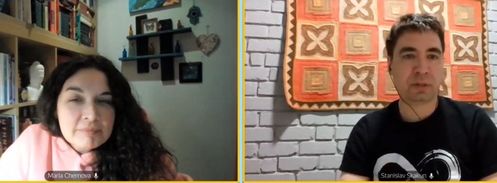 Мария Чернова и Станислав Скакун, основатель компании Biodata. Скришот видеозаписи интервью