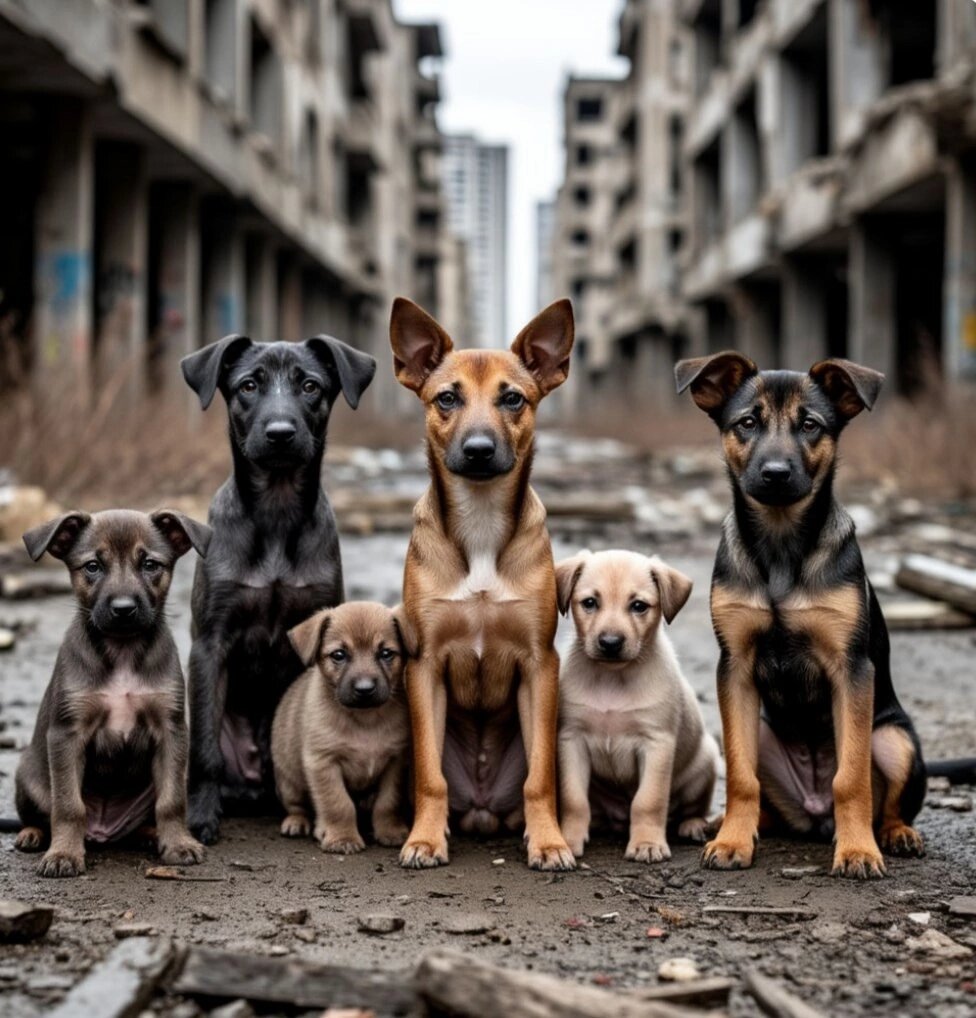 Бездомные собаки приняли домашних в свою стаю.. 