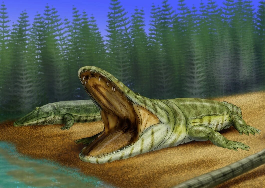 Два Мастодонзавра греются на солнышке (хотя скорее всего это их предсмертная агония, ведь нормально передвигаться по суше они не могли). 