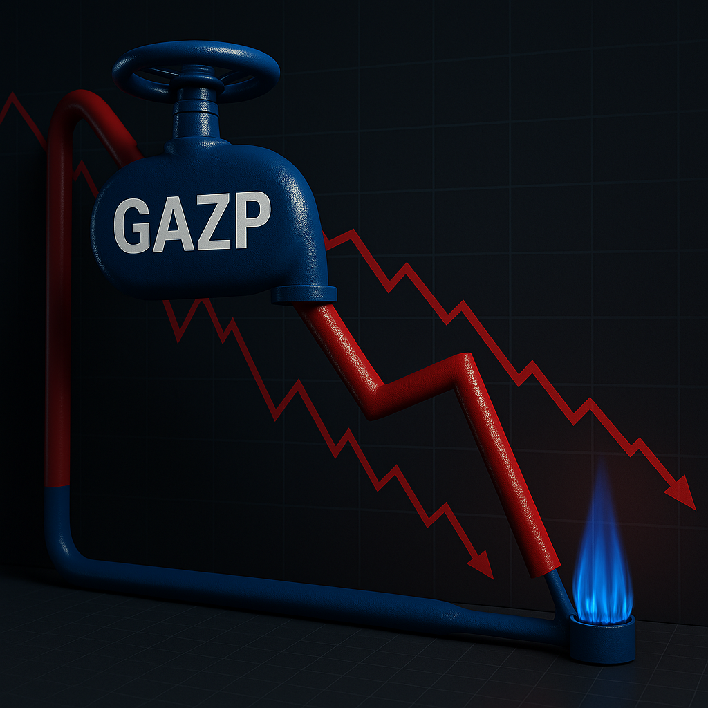 Газовая труба, свернувшаяся в линию графика, которая идёт вниз — по ней «течёт» синее пламя, но слабое. Рисунок ИИ.