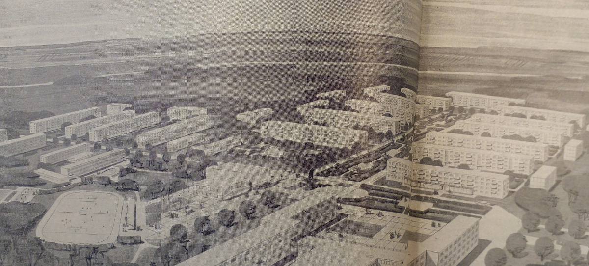 Рис. 2. Проект застройки (1961 год). Левая часть (2-я очередь), расположенная за стадионом, не была реализована.