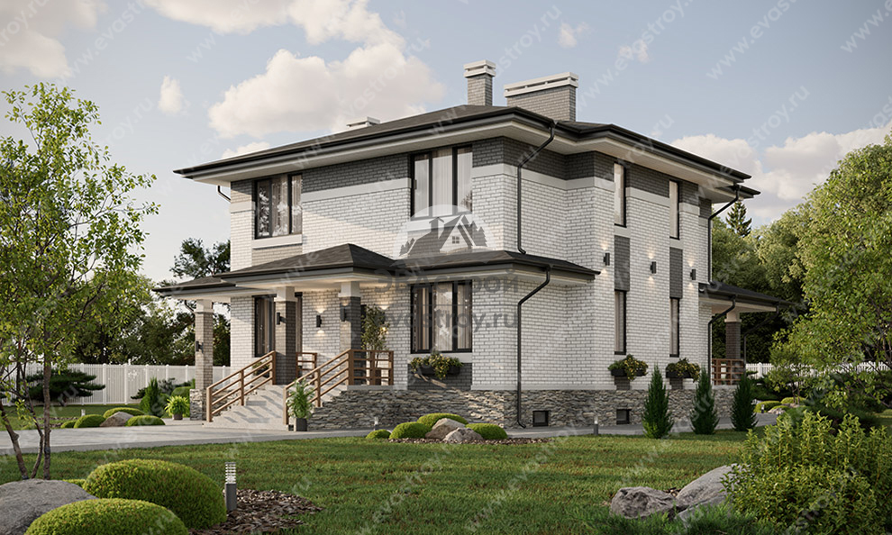 Проект двухэтажного дома 302 м2 с подвалом, кабинетом и террасой