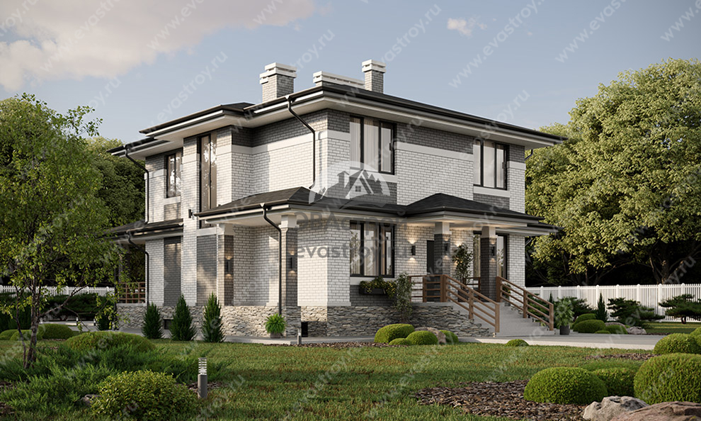 Проект двухэтажного дома 302 м2 с подвалом, кабинетом и террасой