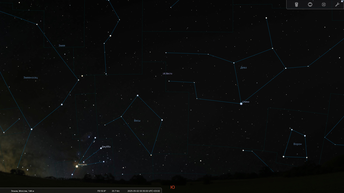 Астероид Веста на границе созвездий Весов и Девы в ночь с 1 на 2 мая 2025 года