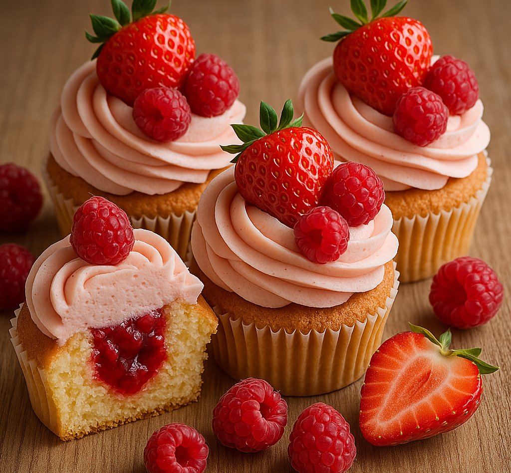 Капкейки с клубнично-малиновой начинкой 
