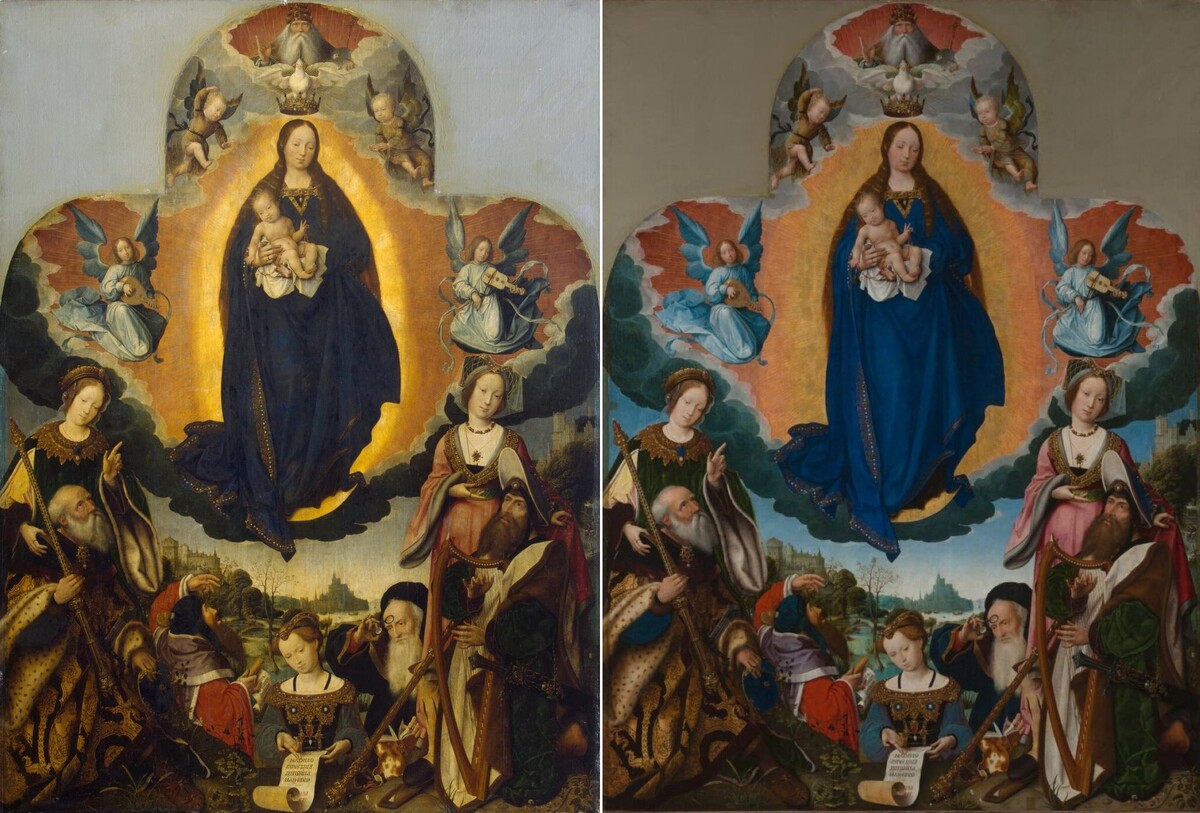 До и после реставрации: Ян Провост. Мария во славе. 1524. Холст, масло. 203x151 см. Эрмитаж, Санкт-Петербург