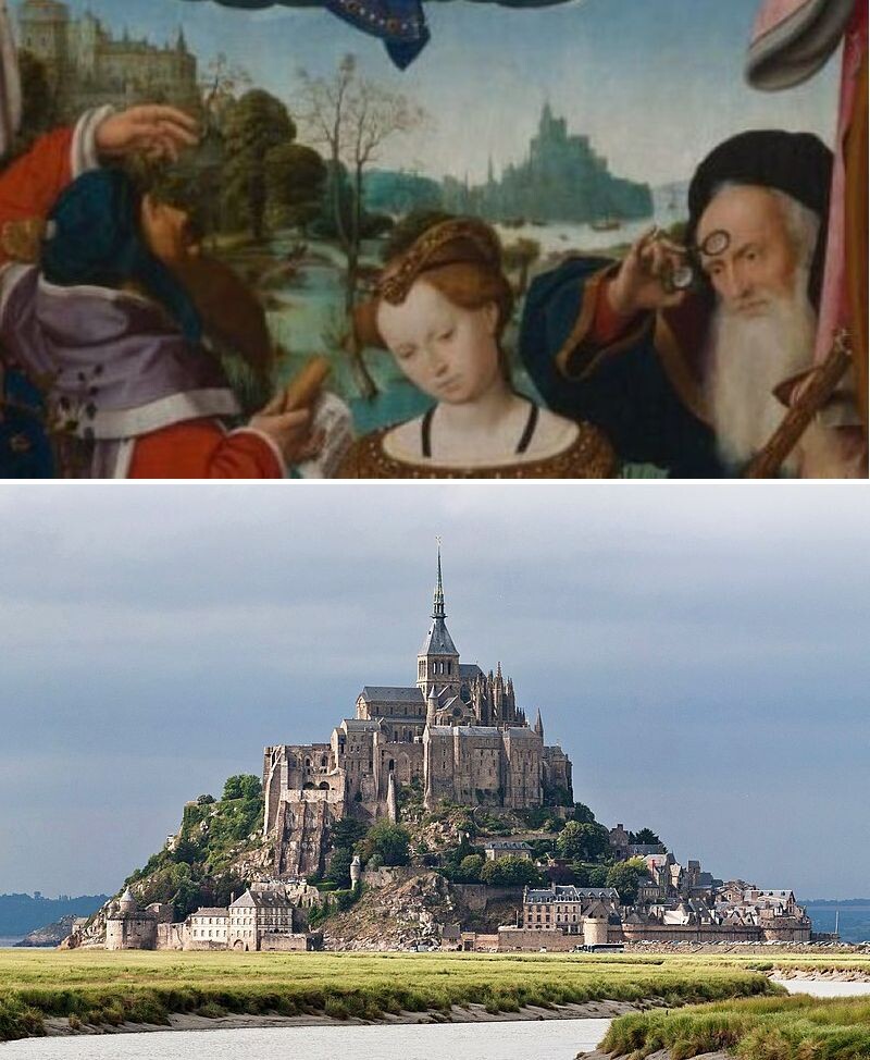 Замок на картине 16 века и современный вид замка-крепости Мон-Сен-Мишель