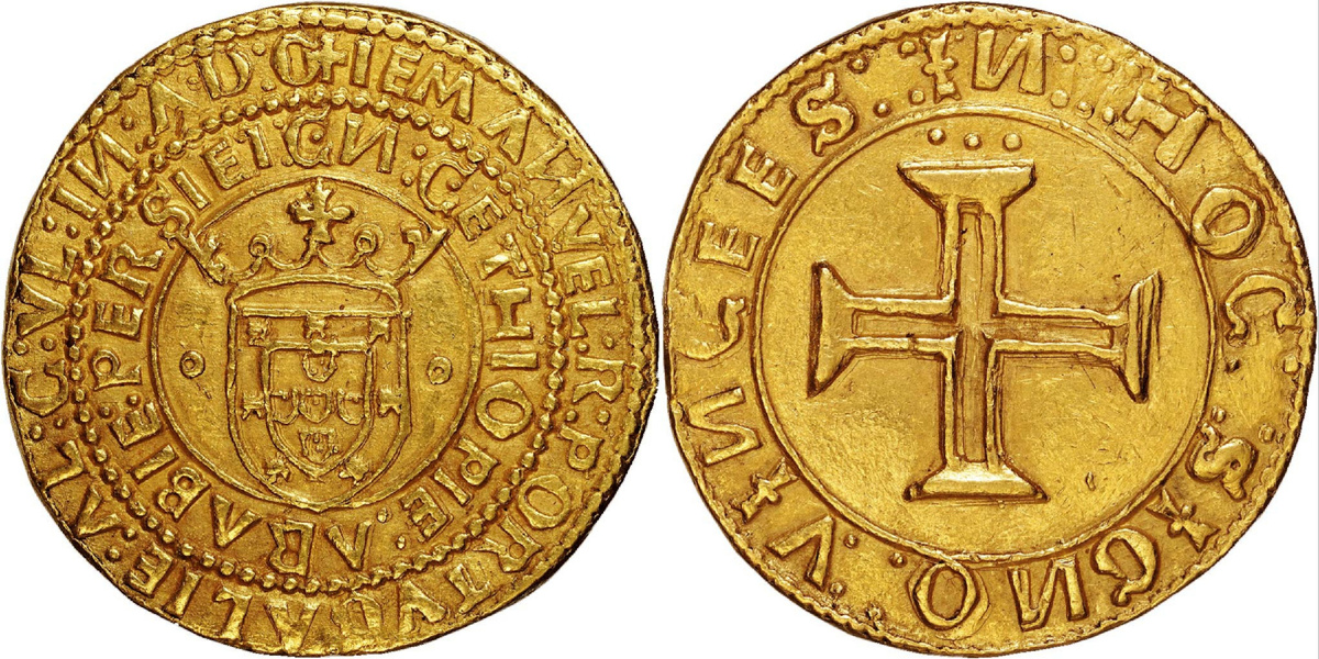 Королевство Португалия - 10 крузадо (4000 реалов) без даты (предположительно 1498-1502 годов выпуска), отчеканенных из золотого сплава 989 пробы (масса монеты - около 35,5 граммов, диаметр - приблизительно 35 миллиметров). Экспонат музея Лиссабонского монетного двора