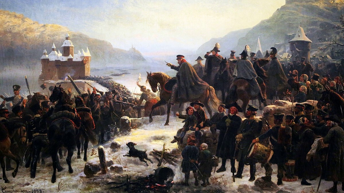 Переправа союзной армии через Рейн 1 января 1814 года. Картина В. Кампхаузена, 1859 год