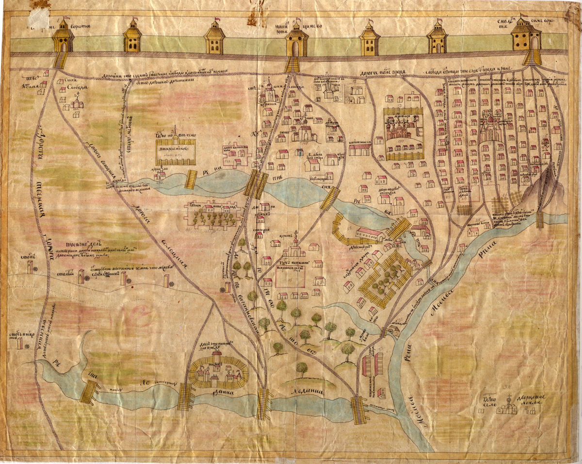 Слева -Тверские ворота, справа- Смоленские. В правом углу - Москва-река, в центре - река Пресня, внизу - Ходынка