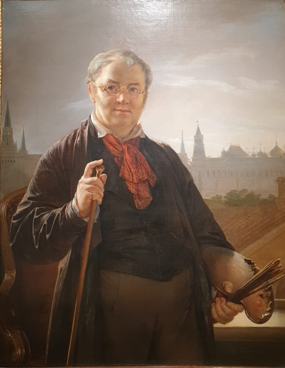 Тропинин В.А. Автопортрет с кистями и палитрой на фоне окна с видом на Кремль  1844 холст, масло