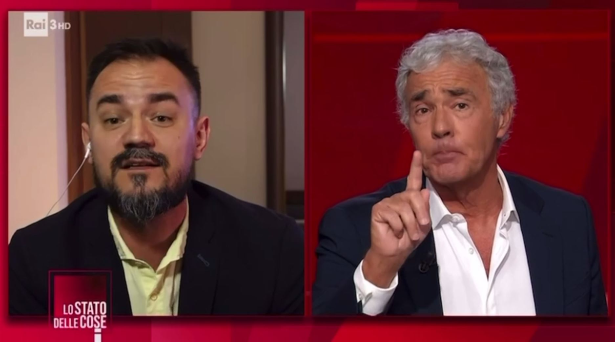    Украинский журналист Вячеслав Майструк и ведущий итальянского государственного канала RAI-3 / Источник: Кадр из ток-шоу на итальянском канале RAI-3