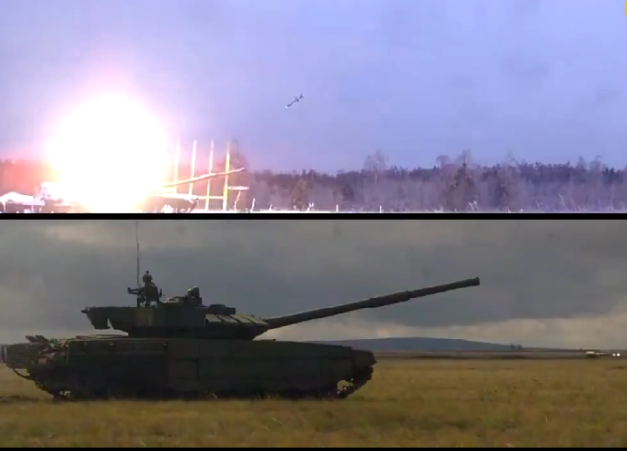 На фото можно увидеть ракеты, пытающиеся поразить танк в верхнюю проекцию и фронтальным ударом. Они уже взяты на сопровождение РЛС для малых целей КАЗ "Арена-М" и через мгновение будут уничтожены. Кадры Рособоронэкспорт. 