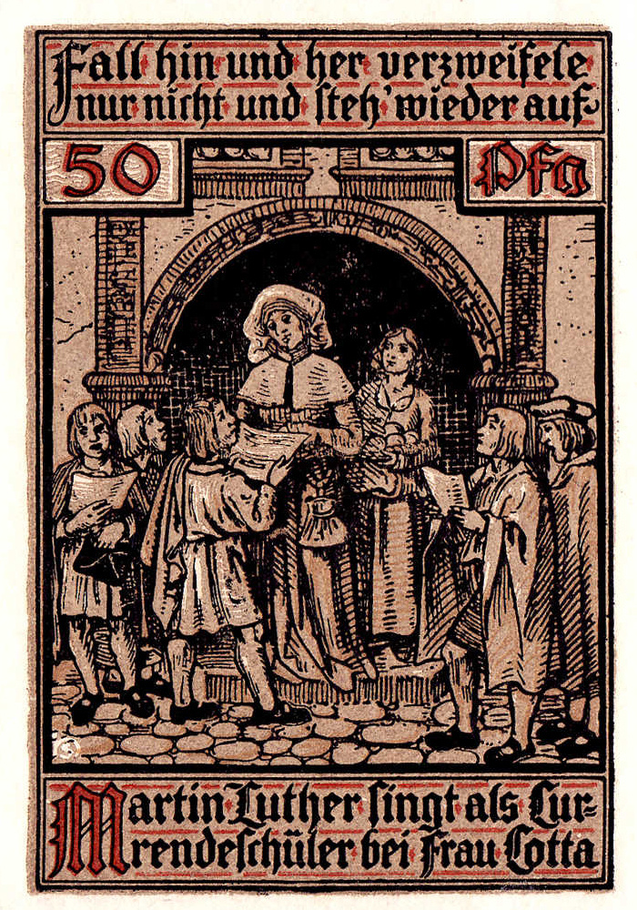 Нотгельд Айзенаха. Мартин Лютен поёт для фрау Котты.