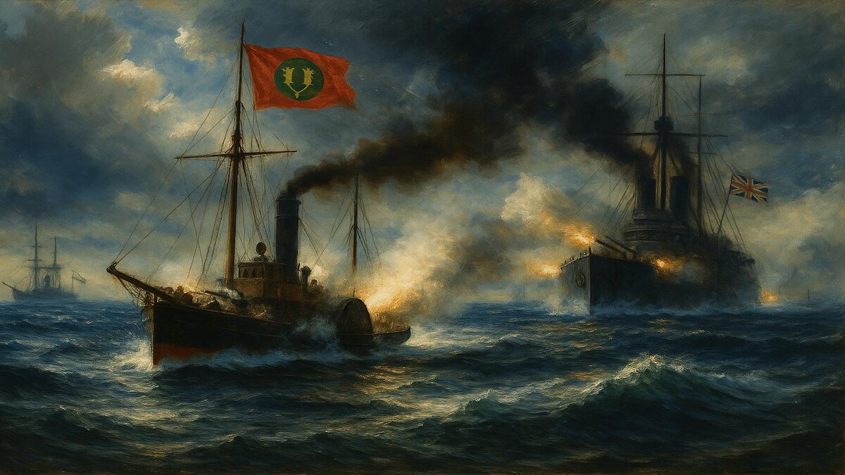 Британский крейсер преследует яхту султана. Здесь и далее - рисунки нейросети.