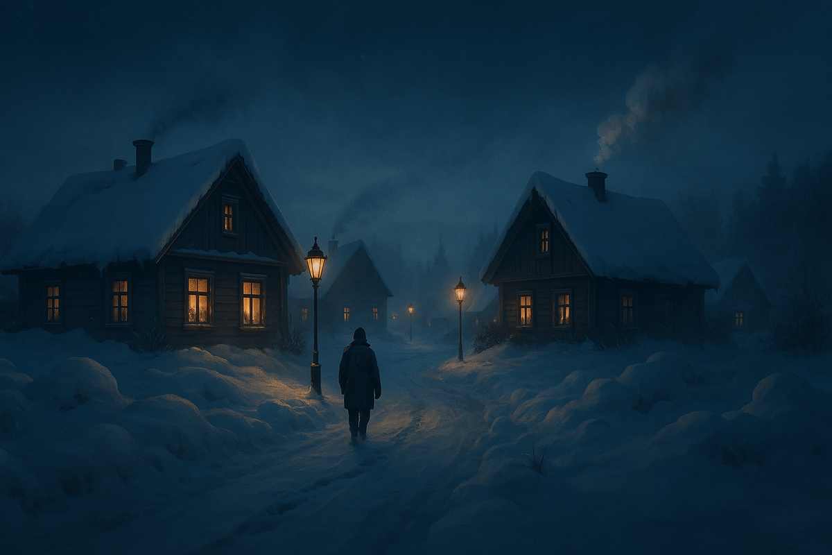 Тихая деревня, где тишина гуще снега, а свет в окне — единственный ориентир.
