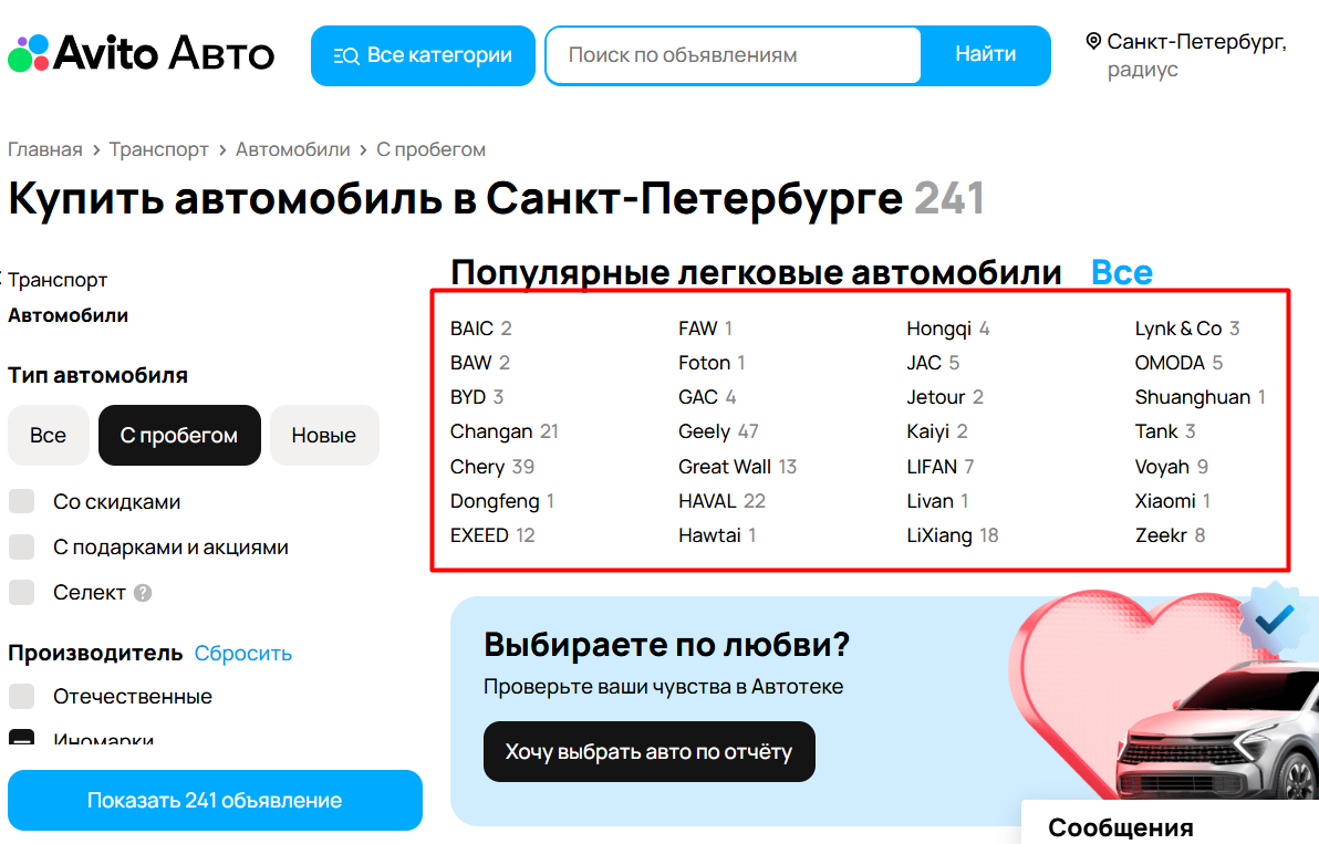 На авито 241 китайское б/у авто в продаже в Санкт-Петербурге