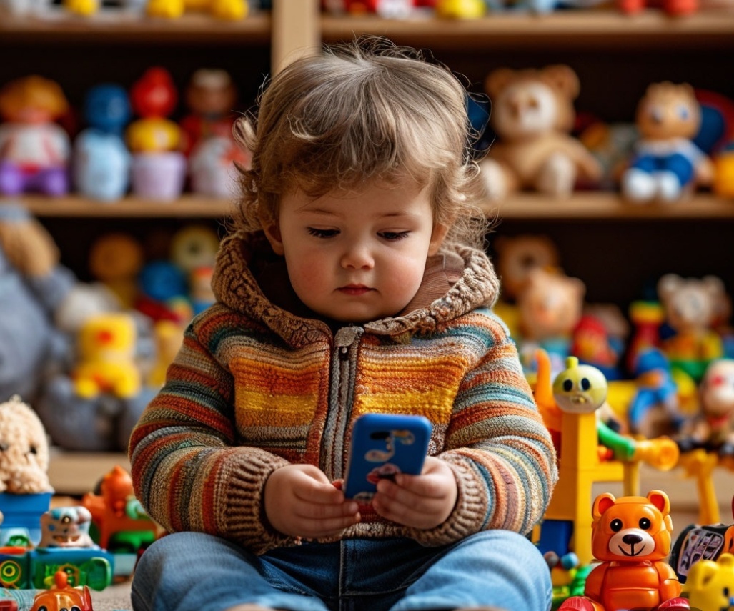 Ребёнок сидит с телефоном в руках среди игрушек