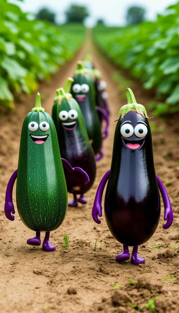 Одушевление, очеловечивание  кабачков как наделение кабачков ролью человека ♦ Кабачки и баклажаны с глазками и ручками улыбаются 
идут большими отрядами по дороге на поле сажаться  на грядку  ♦ https://shedevrum.ai/post/1d21bb810cd811f090067a881592c178/