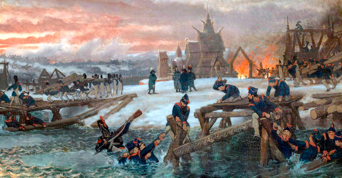 Наведение понтонов французами через Березину. Худ. Лоуренс Альма-Тадема (1869)