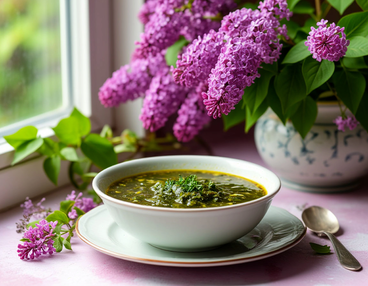 Эфектное сочетание горячего зелёного супчика из щавеля с роскошной сиренью!