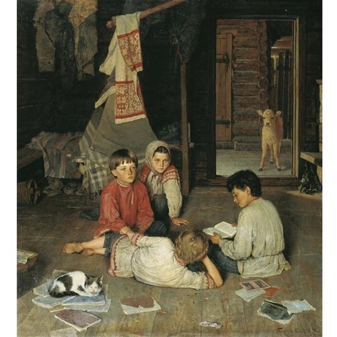 Николай Богданов-Бельский. Новая сказка. 1891. холст, масло. 152,3 х 137,2. Национальный художественный музей Республики Беларусь, Минск
