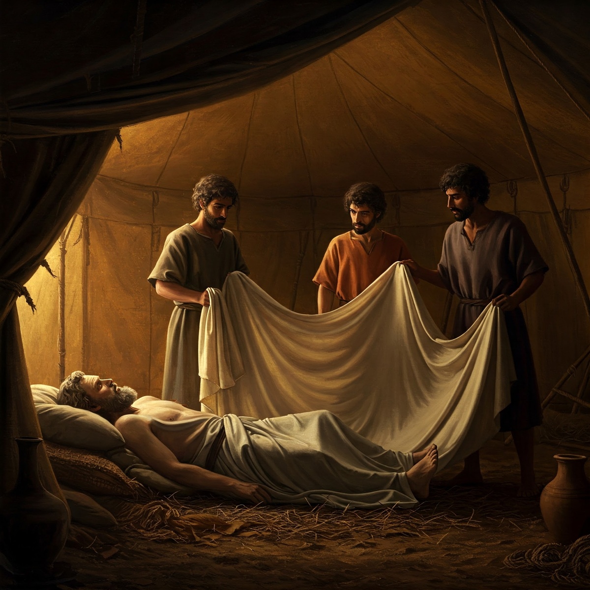 Сцена в шатре Ноя: Хам стоит у входа с удивлённым лицом, а Сим и Иафет, пятясь, прикрывают отца одеждой.