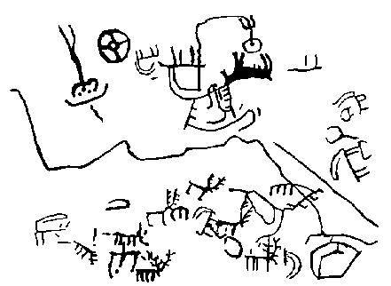 Крест - звезда в небе. Созвездия: Орион, Козерог и Большая Медведица. Прорисовка наскального рисунка. Армения