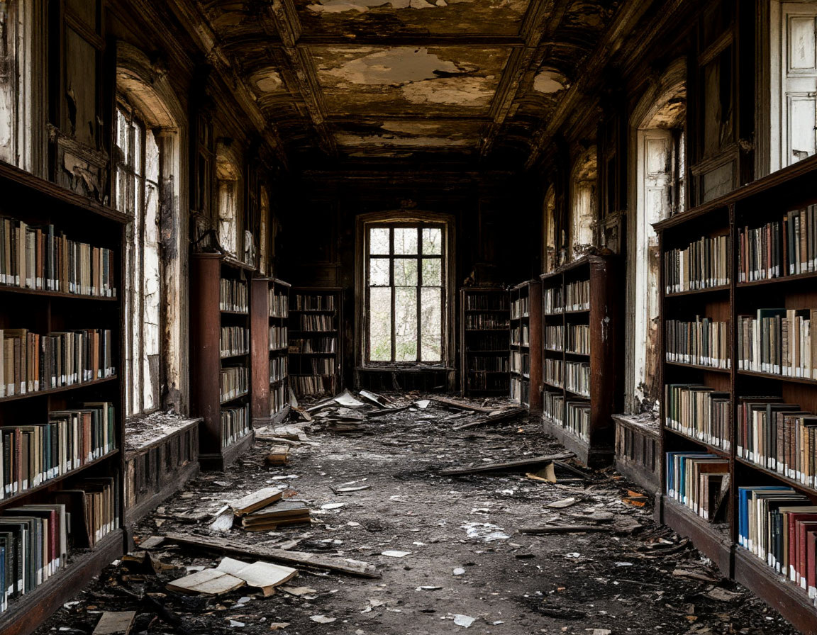 Сгоревшая библиотека. Сгенерировано нейросетью Yandex Art.