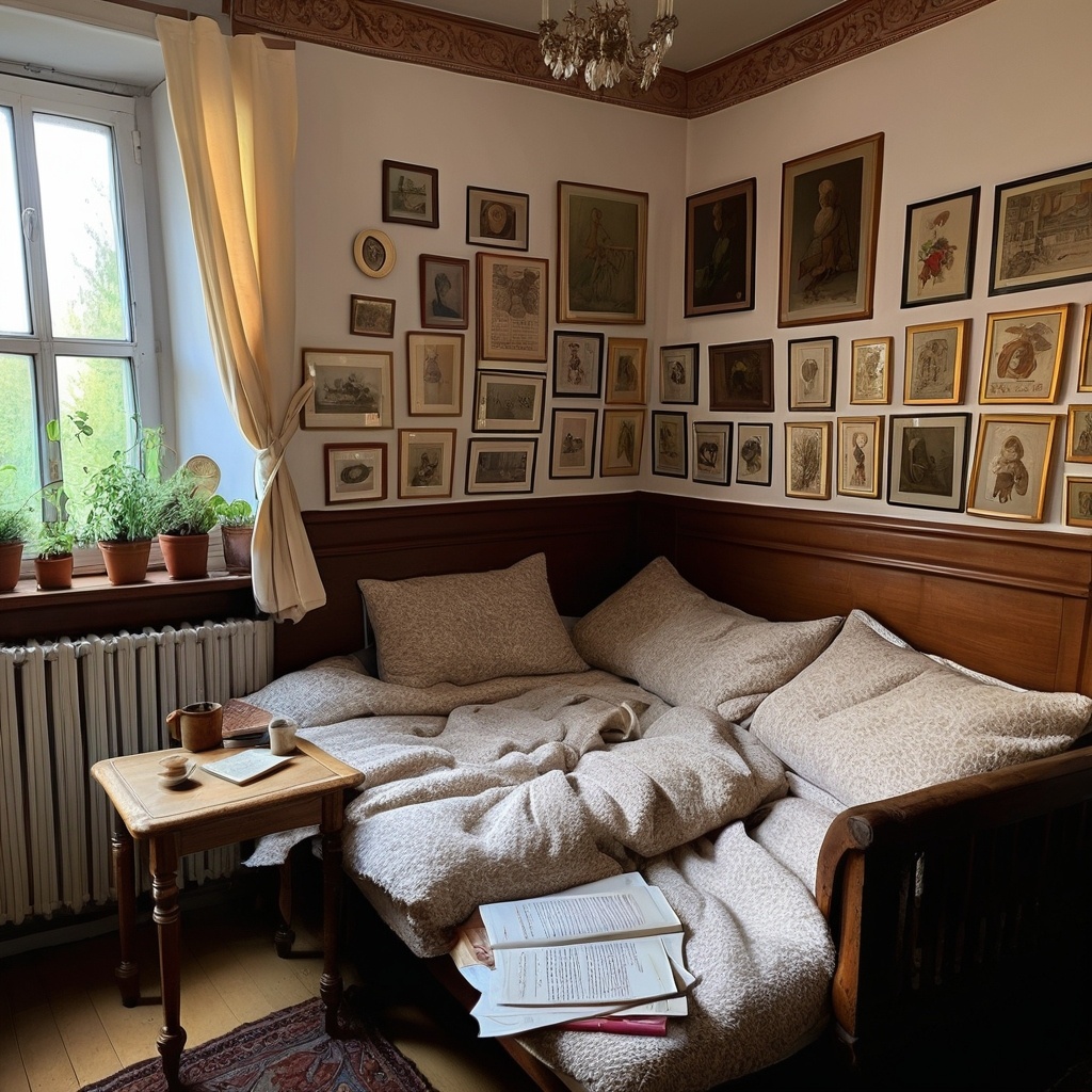 "Ты впереди, ты далеко, я еле вижу. А пуля летит, ей все равно, пуля все ближе."(с) Такой Stable Diffusion XL видит комнату русско-немецкого писателя. 