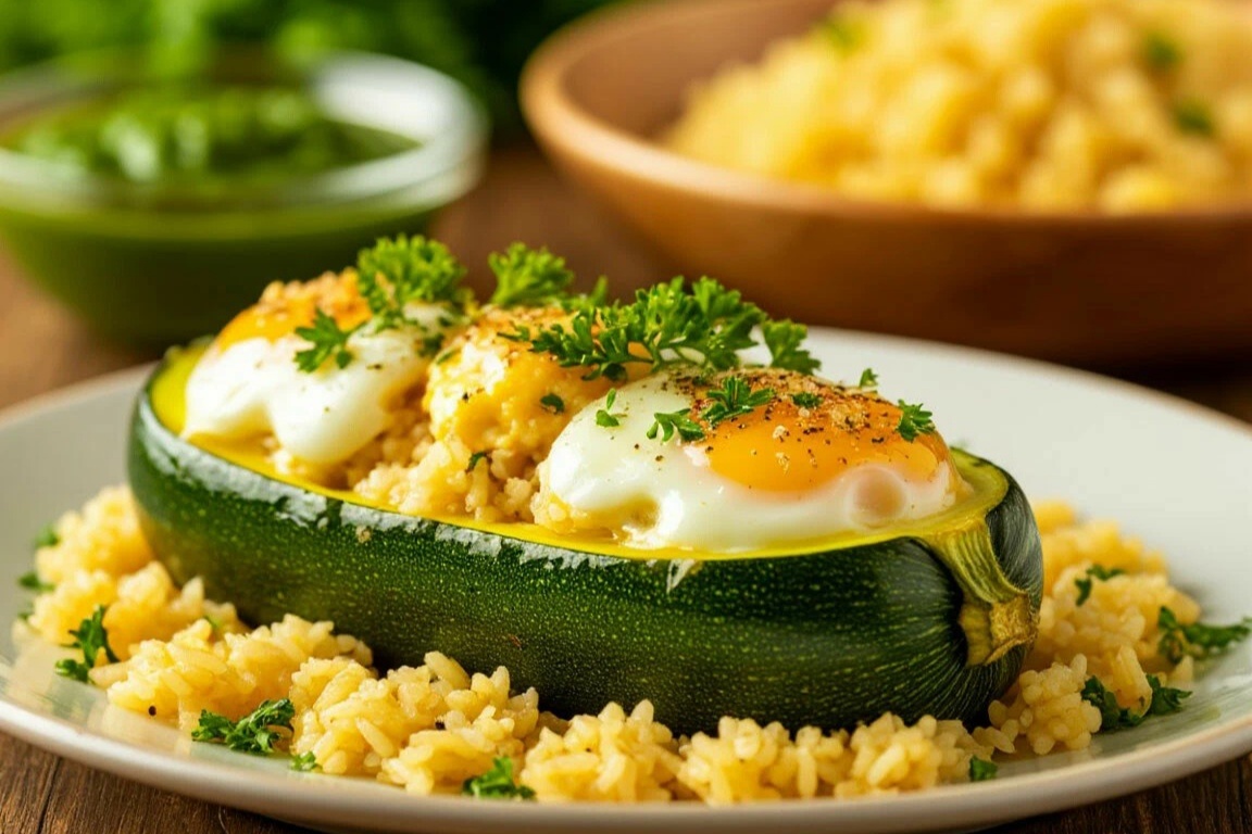 Фаршированный кабачок с куриным фаршем, рисом и яйцом