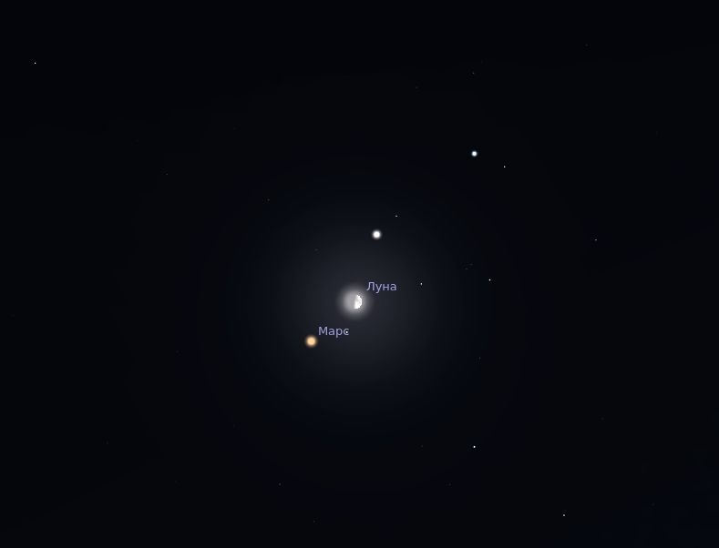 Марс, Луна и Поллукс вечером 5 апреля. Выше Поллукса виден Кастор, так же из созвездия Близнецов