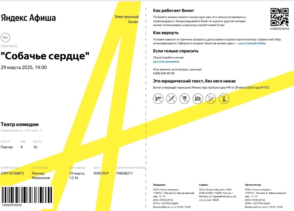 Билет на спектакль. Снимок экрана телефона автора.