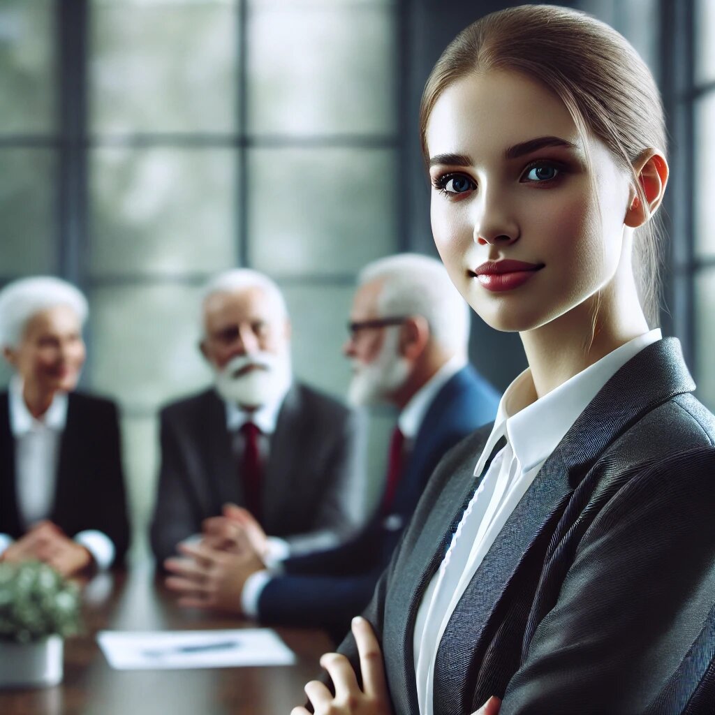 молодая девушка на встрече с более статусными коллегами