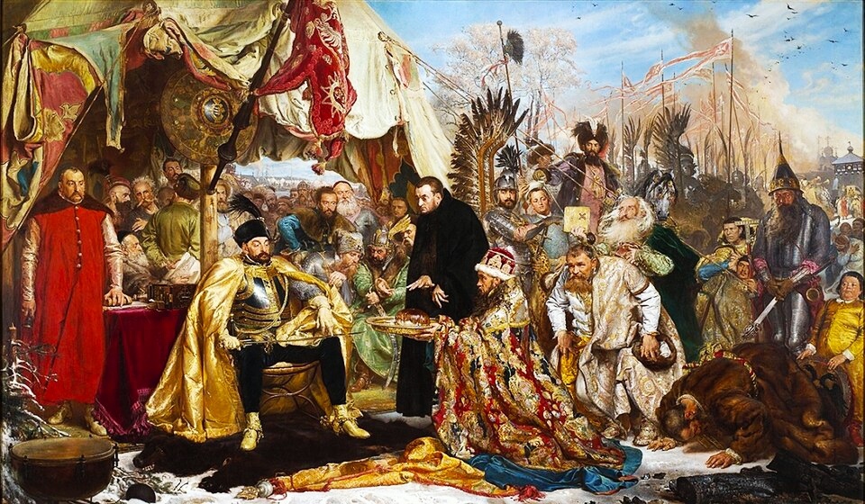 Ян Матейко. «Стефан Баторий под Псковом», 1872 г. В центре — Антонио Поссевино. Есть у этой картины и ещё одно название, которое дал ей русский критик "иезуит Поссевин, уговаривающий зверообразного Стефана Батория, с надменностью сидящего на медвежьей шкуре, внять мольбам русского посольства, вымаливающего мир". Источник: wikipedia.org 