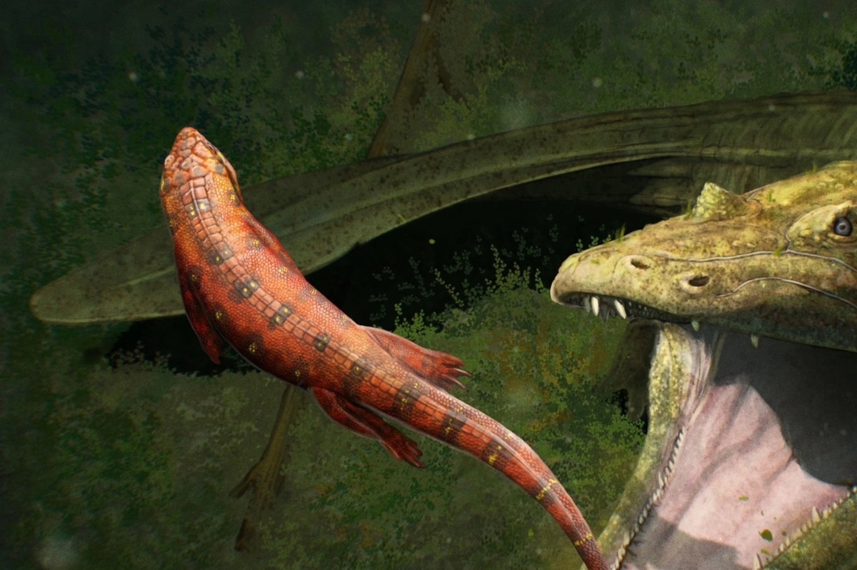 Синезух уплывает от Мастодонзавра.