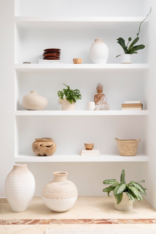 Прикроватные Вместо громоздкой тумбы используйте компактный столик с полочкой. На ней можно хранить книги, телефон и крем для рук, не загромождая пространство.   Кофейные В гостиной маленький столик выполняет роль сервировочной площадки. Поставьте на него плетеную корзину для журналов или аккуратную шкатулку для пультов.   Прихожая Узкий консольный столик с выдвижным ящиком идеален для ключей и почты, а сверху можно расположить декоративные элементы – вазу или настольную лампу.Когда мы говорим об идеях хранения вещей в доме, часто представляем громоздкие шкафы или закрытые системы, которые "прячут" все от глаз. Но если подойти к задаче креативно, можно превратить хранение в эффектный элемент дизайна. Клео.ру рассказывает, как использовать открытые полки и маленькие столики, чтобы интерьер выглядел гармонично, а вещи оставались под рукой.1. Открытые полки: эстетика и удобство
📷
Правильная расстановка для избежания ощущения "барахла"
Группируйте предметы по смыслу Книги рядом с вазами, а декоративные статуэтки – вместе с рамками для фото. Это создает визуальные "островки" и упрощает восприятие.   Используйте разные высоты Если все на одной линии, полка кажется перегруженной. Разместите высокие вазы или книги в одном углу, а более низкие предметы – в другом.   Оставляйте свободное пространство Пустые участки на полке помогают глазам "отдыхать" и не теряться в обилии мелочей.Сочетание формы и цвета
Повторяющиеся формы Круглые тарелки или шары в разных точках полки могут визуально "объединять" композицию.   Контрастные цвета Если полка и стены светлые, попробуйте расставить пару ярких акцентов (красная ваза, зеленый горшок). Главное – не переборщить: 1–2 контрастных цвета достаточно.   Нейтральная база Если у вас много разноцветных книг или аксессуаров, используйте нейтральные корзинки или подставки, чтобы сгруппировать и "успокоить" композицию.2. Маленькие столики: функциональный акцент
📷
Варианты столиков для разных зон
