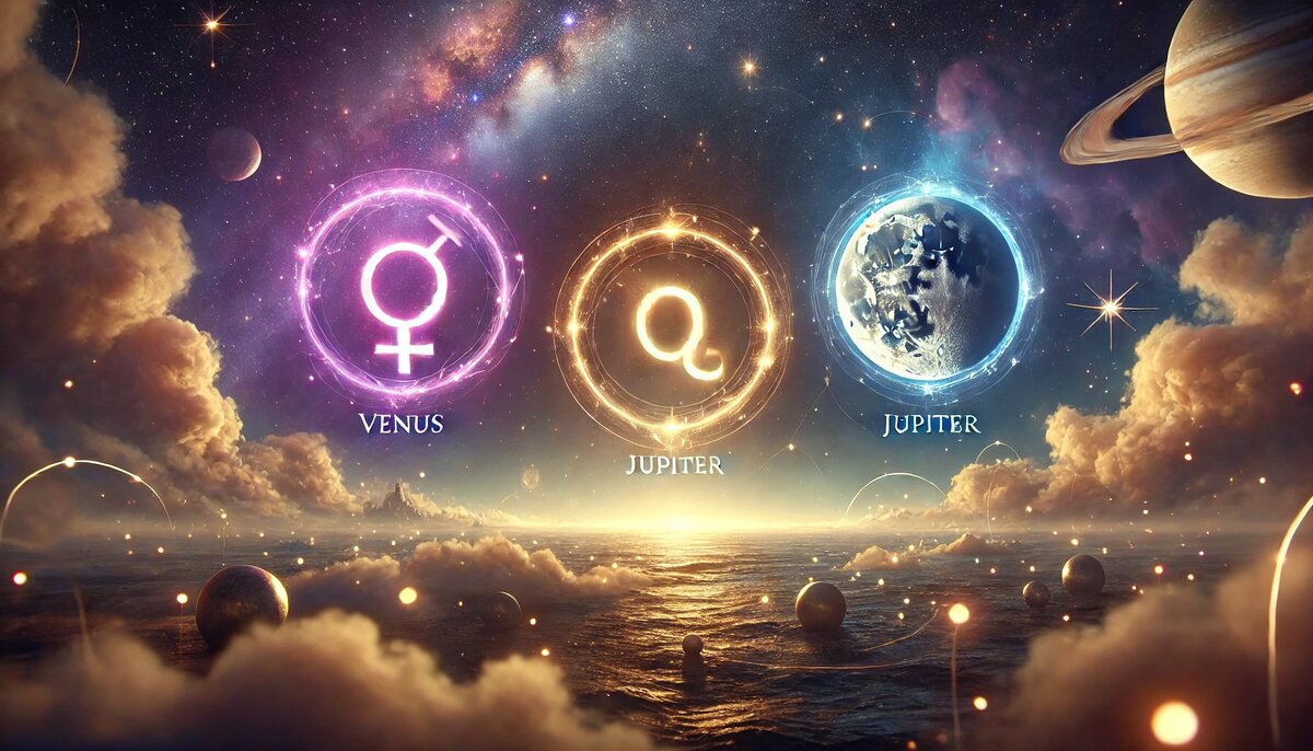 Астрологические символы планет Венеры и Юпитера, влияющих на брак, сияющие на фоне космического пейзажа с облаками и звездами над морем.