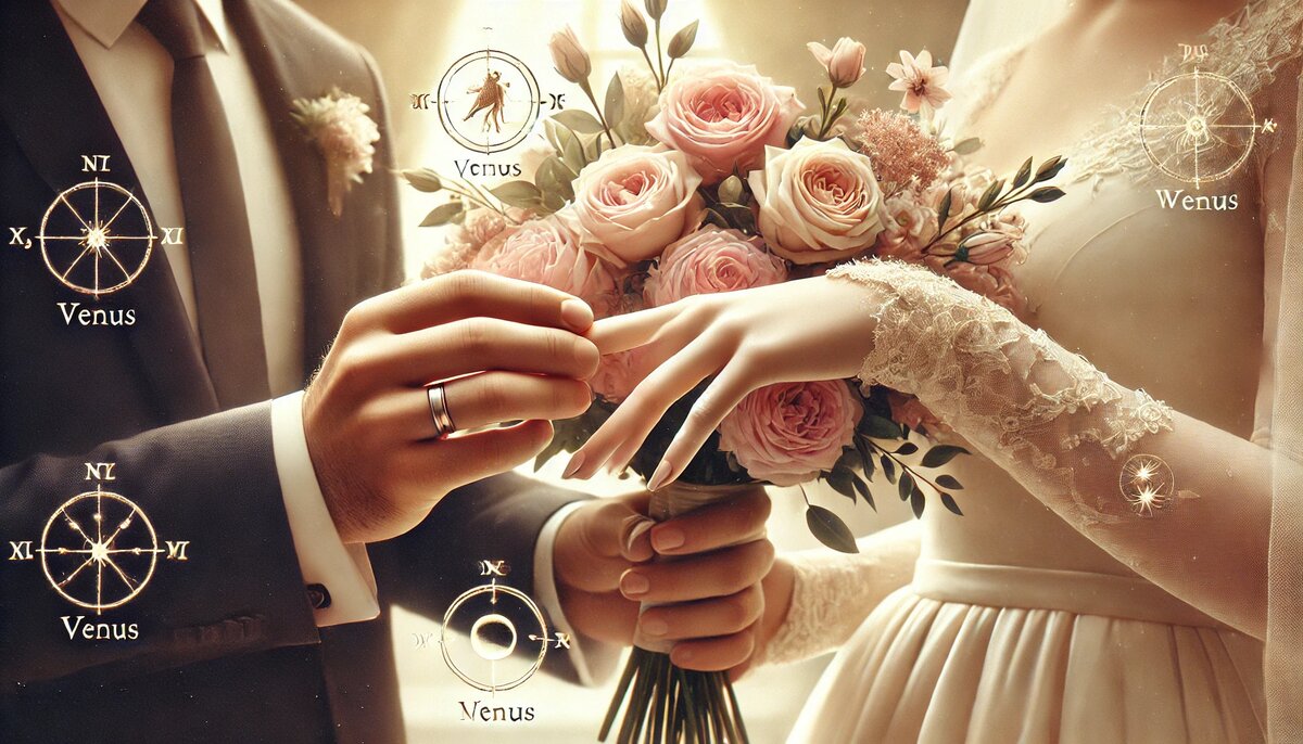 Жених надевает кольцо невесте на фоне свадебного букета и астрологических символов, символизирующих выбор времени для брака