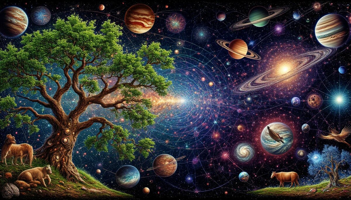 Мир - квантовая запутанность электронов и элеменарных частиц. Внутри частиц: деревья, птицы, животные, планеты, галактики, звезды, шедеврально, неземная красота, интерференционная картина из элементарных частиц, сюрреализм, фэнтэзи, 10D, бесконечная экспозиция и детализация, фракталы