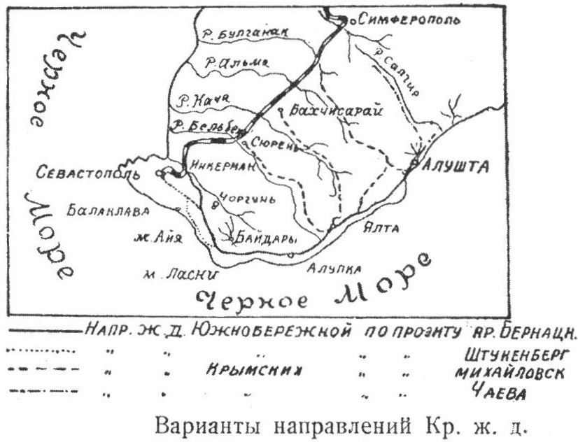 Варианты направлений Южнобережной железной дороги, предлагаемые в начале XX в.