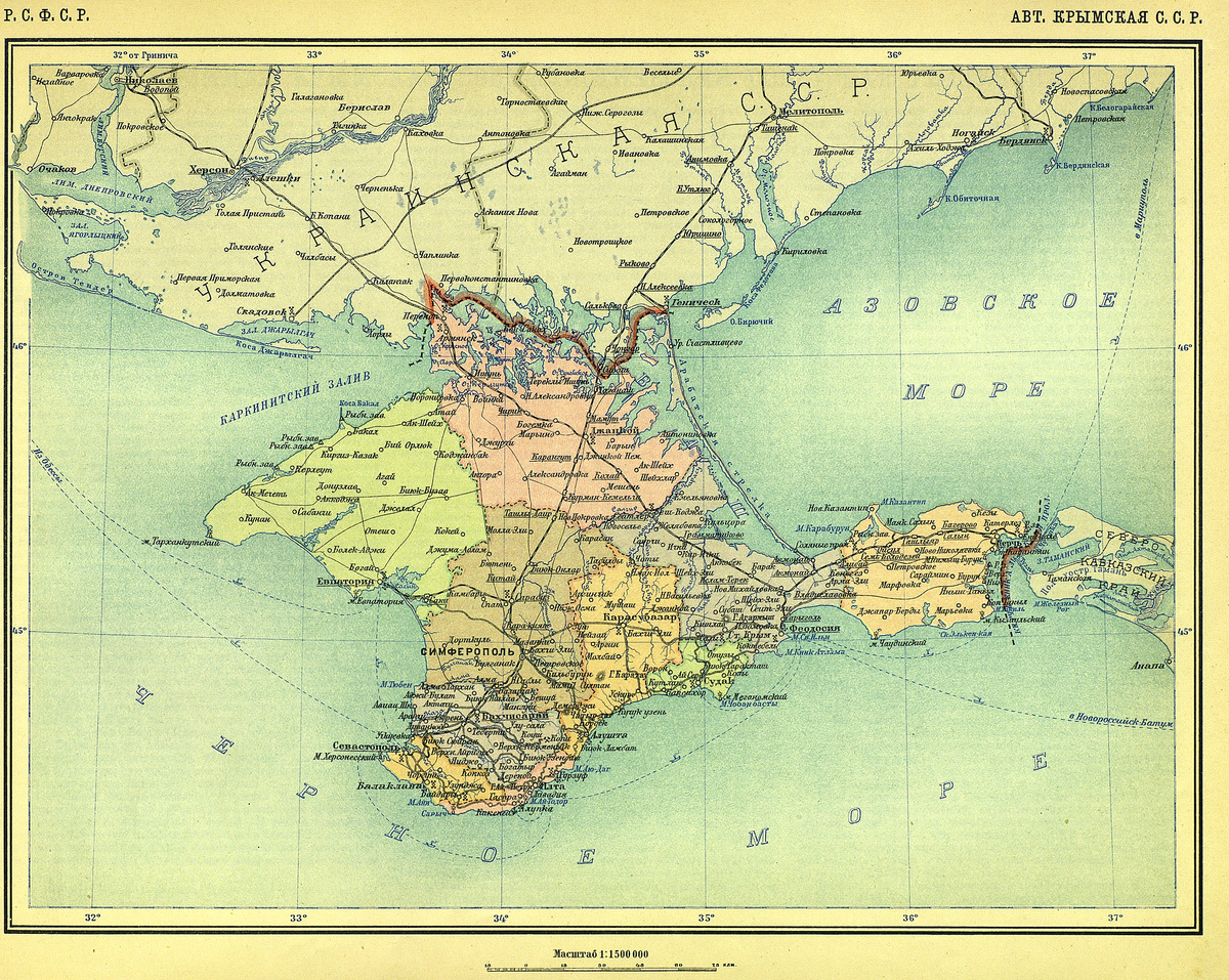 Карта Крымской АССР из советского Атласа 1928 г.